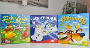 Familienspiele Floh am Po, ZickeZacke Hühnerkacke, Geisteruhr Test Beschreibung